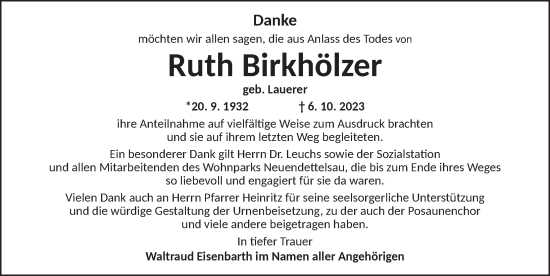 Traueranzeige von Ruth Birkhölzer von Ansbach