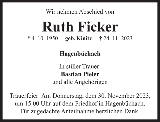 Traueranzeige von Ruth Ficker von Neustadt/ Scheinfeld/ Uffenheim