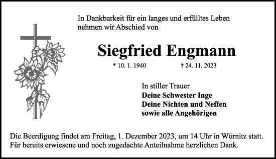 Traueranzeige von Siegfried Engmann von Rothenburg