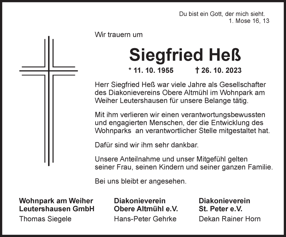  Traueranzeige für Siegfried Heß vom 07.11.2023 aus Ansbach
