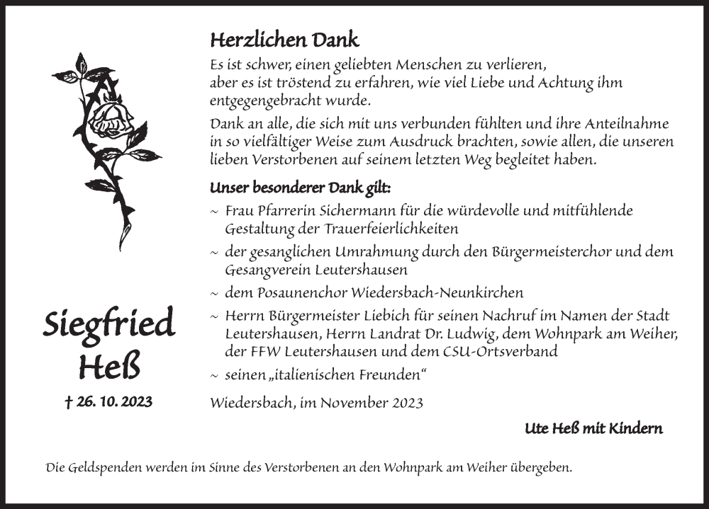  Traueranzeige für Siegfried Heß vom 25.11.2023 aus Ansbach