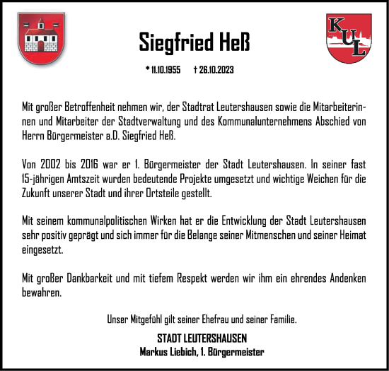 Traueranzeige von Siegfried Heß von Ansbach