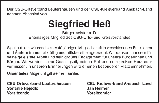 Traueranzeige von Siegfried Heß von GE
