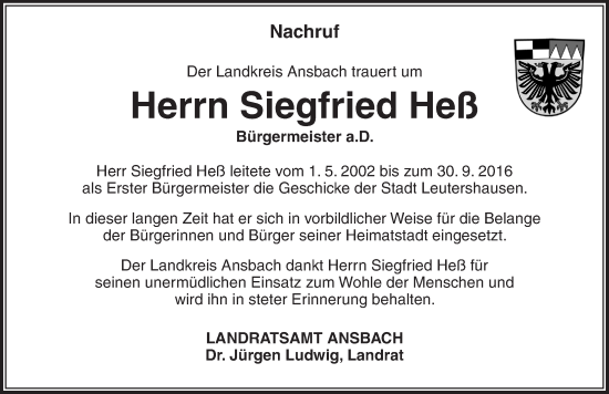 Traueranzeige von Siegfried Heß von GE