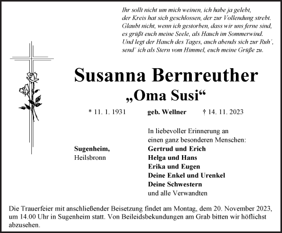 Traueranzeige von Susanna Bernreuther von Neustadt/ Scheinfeld/ Uffenheim