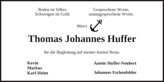Traueranzeige von Thomas Johannes Huffer von Ansbach