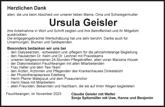 Traueranzeige von Ursula Geisler von Dinkelsbühl/ Feuchtwangen