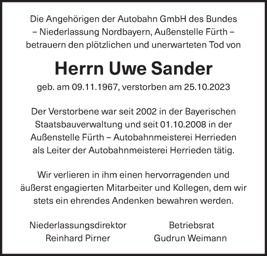 Traueranzeige von Uwe Sander von GE