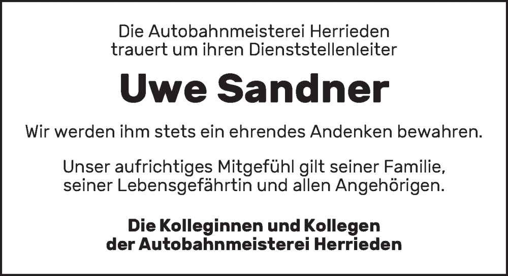  Traueranzeige für Uwe Sandner vom 08.11.2023 aus Ansbach