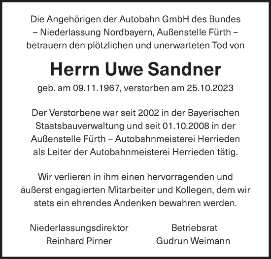 Traueranzeige von Uwe Sandner von GE