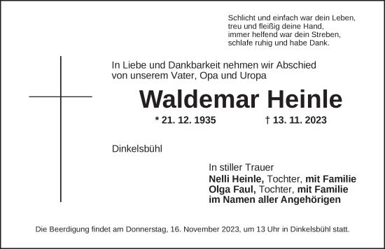 Traueranzeige von Waldemar Heinle von Dinkelsbühl/ Feuchtwangen