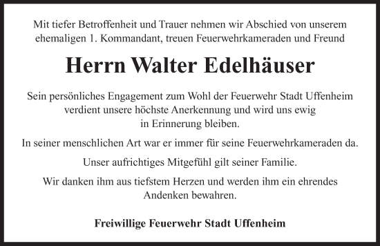 Traueranzeige von Walter Edelhäuser von Neustadt/ Scheinfeld/ Uffenheim