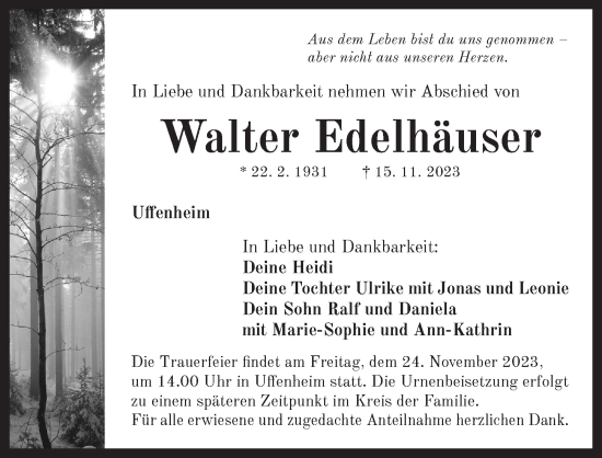 Traueranzeige von Walter Edelhäuser von Neustadt/ Scheinfeld/ Uffenheim