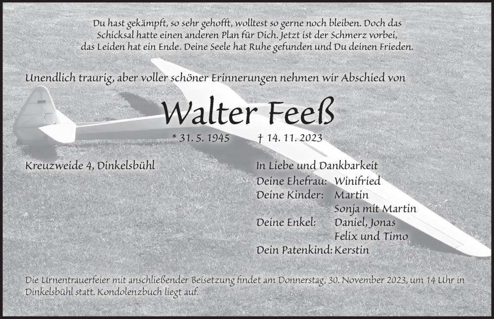  Traueranzeige für Walter Feeß vom 29.11.2023 aus Dinkelsbühl/ Feuchtwangen