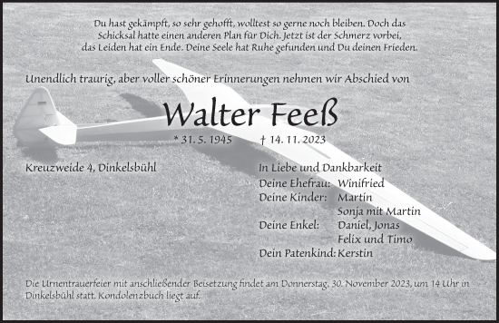 Traueranzeige von Walter Feeß von Dinkelsbühl/ Feuchtwangen