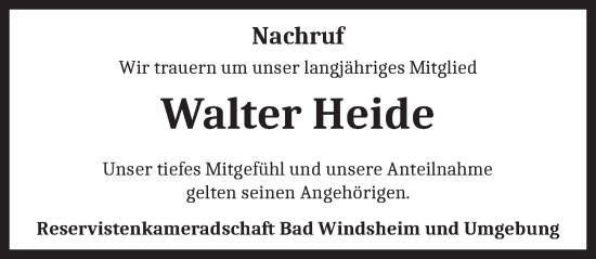 Traueranzeige von Walter Heide von Neustadt/ Scheinfeld/ Uffenheim