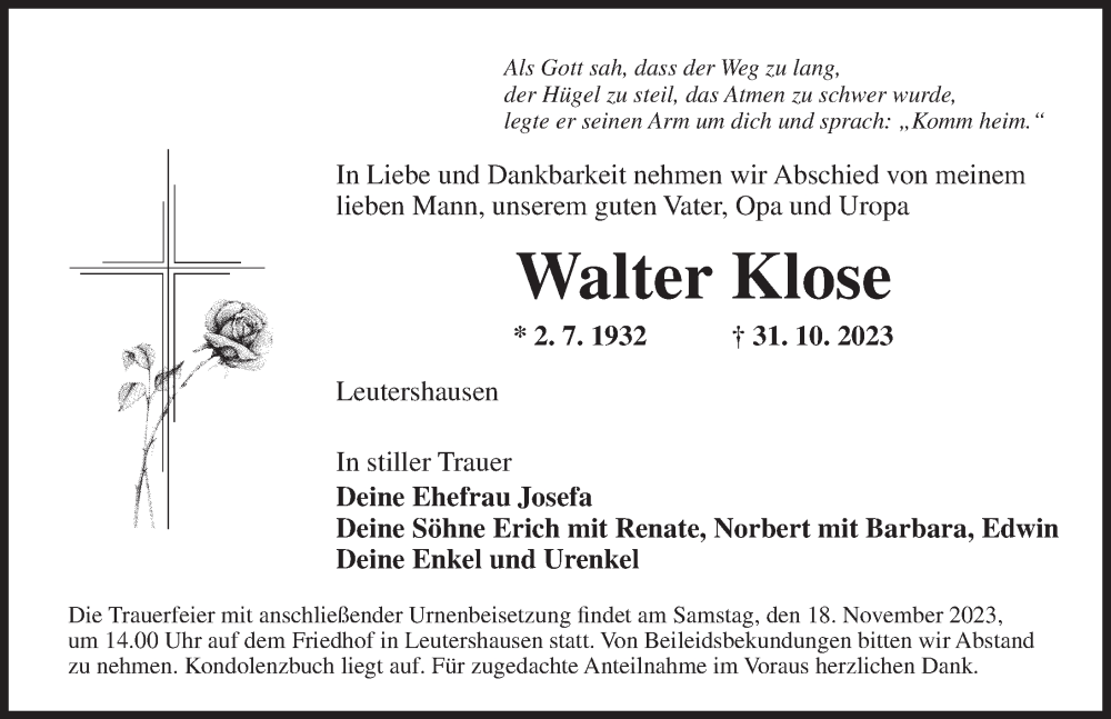  Traueranzeige für Walter Klose vom 15.11.2023 aus Ansbach