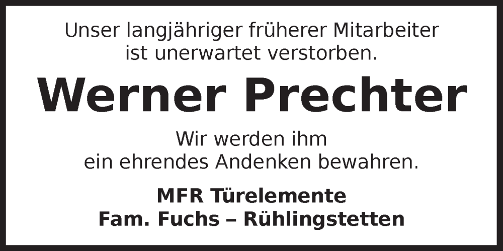  Traueranzeige für Werner Prechter vom 25.11.2023 aus Dinkelsbühl/ Feuchtwangen