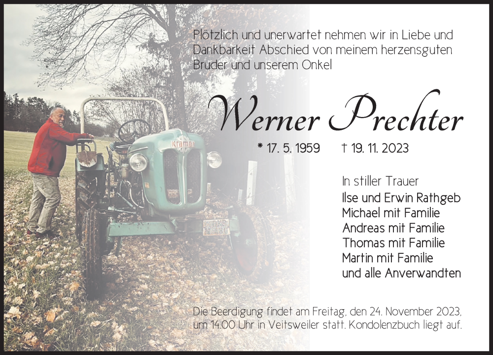  Traueranzeige für Werner Prechter vom 23.11.2023 aus Dinkelsbühl/ Feuchtwangen