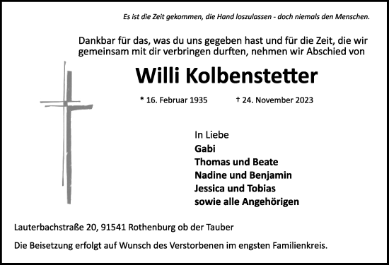 Traueranzeige von Willi Kolbenstetter von Rothenburg