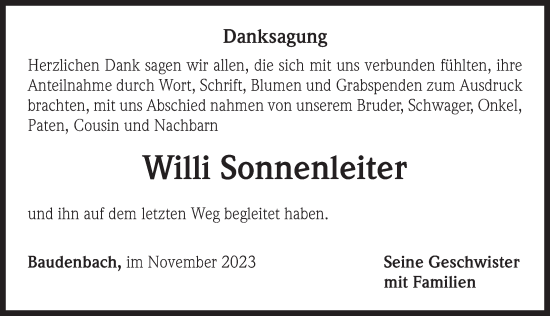 Traueranzeige von Willi Sonnenleiter von Neustadt/ Scheinfeld/ Uffenheim