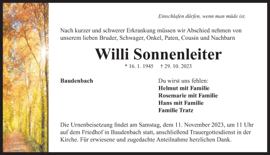 Traueranzeige von Willi Sonnenleiter von Neustadt/ Scheinfeld/ Uffenheim