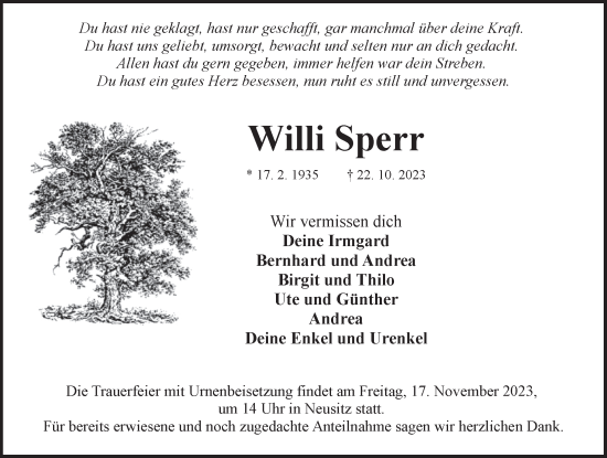 Traueranzeige von Willi Sperr von Rothenburg