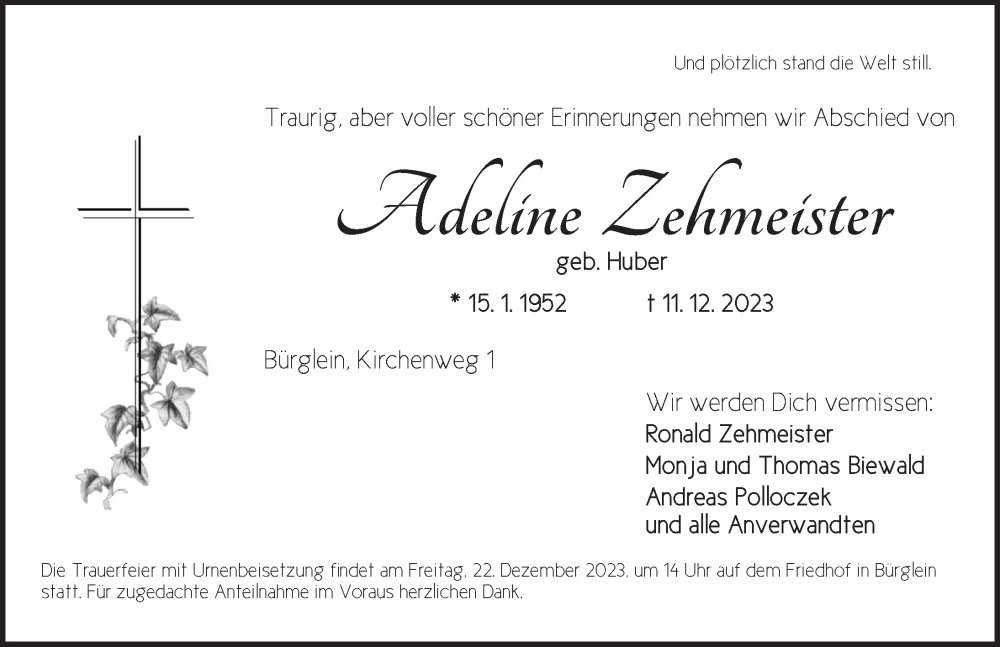  Traueranzeige für Adeline Zehmeister vom 16.12.2023 aus Ansbach