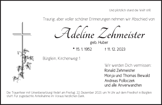 Traueranzeige von Adeline Zehmeister von Ansbach
