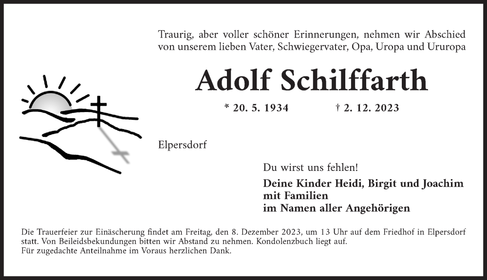  Traueranzeige für Adolf Schilffarth vom 05.12.2023 aus Ansbach