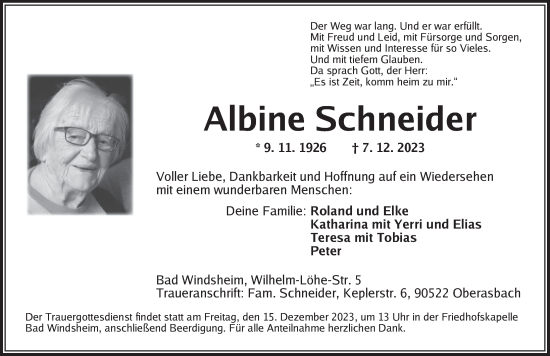 Traueranzeige von Albine Schneider von Neustadt/ Scheinfeld/ Uffenheim