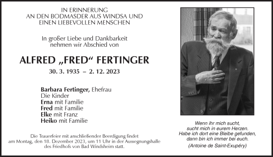 Traueranzeige von Alfred Fertinger von Neustadt/ Scheinfeld/ Uffenheim
