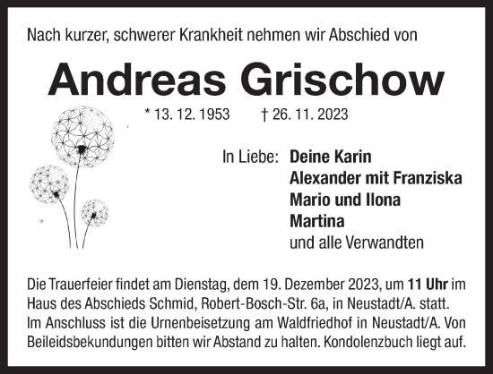 Traueranzeige von Andreas Grischow von Neustadt/ Scheinfeld/ Uffenheim