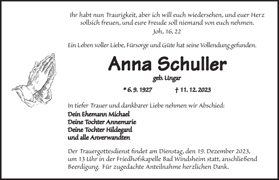 Traueranzeige von Anna Schuller von Neustadt/ Scheinfeld/ Uffenheim