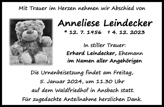 Traueranzeige von Anneliese Leindecker von Ansbach