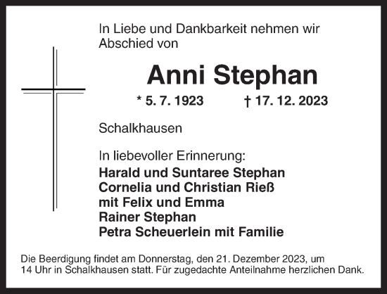 Traueranzeige von Anni Stephan von Ansbach