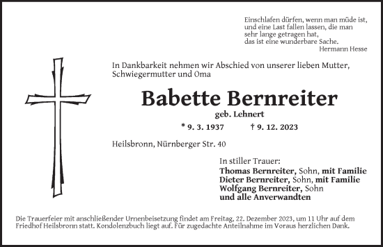Traueranzeige von Babette Bernreiter von Ansbach