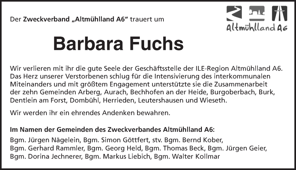  Traueranzeige für Barbara Fuchs vom 20.12.2023 aus Ansbach