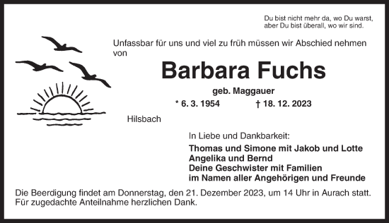 Traueranzeige von Barbara Fuchs von Ansbach