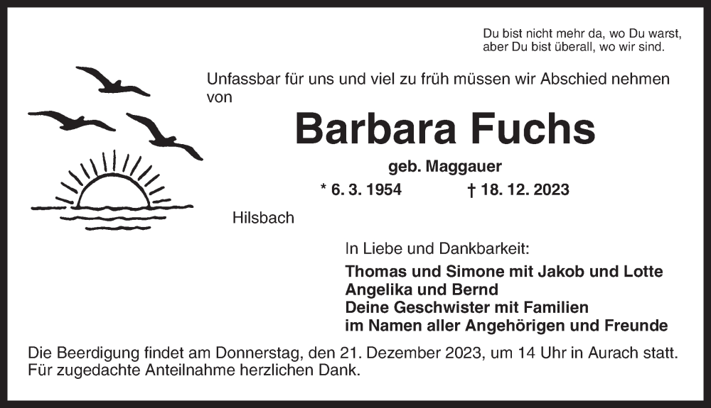  Traueranzeige für Barbara Fuchs vom 20.12.2023 aus Ansbach