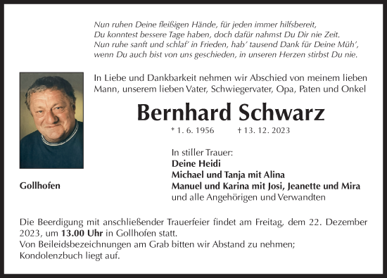 Traueranzeige von Bernhard Schwarz von Neustadt/ Scheinfeld/ Uffenheim