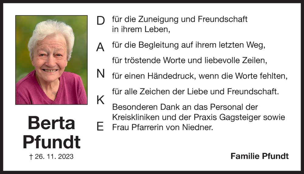  Traueranzeige für Berta Pfundt vom 23.12.2023 aus Neustadt/ Scheinfeld/ Uffenheim