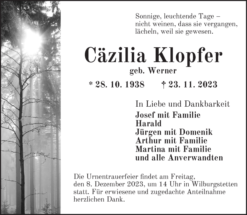  Traueranzeige für Cäzilia Klopfer vom 06.12.2023 aus Dinkelsbühl/ Feuchtwangen