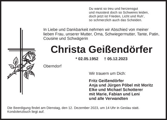 Traueranzeige von Christa Geißendörfer von Ansbach