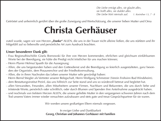 Traueranzeige von Christa Gerhäuser von Neustadt/ Scheinfeld/ Uffenheim