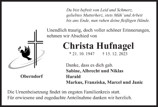 Traueranzeige von Christa Hufnagel von Neustadt/ Scheinfeld/ Uffenheim