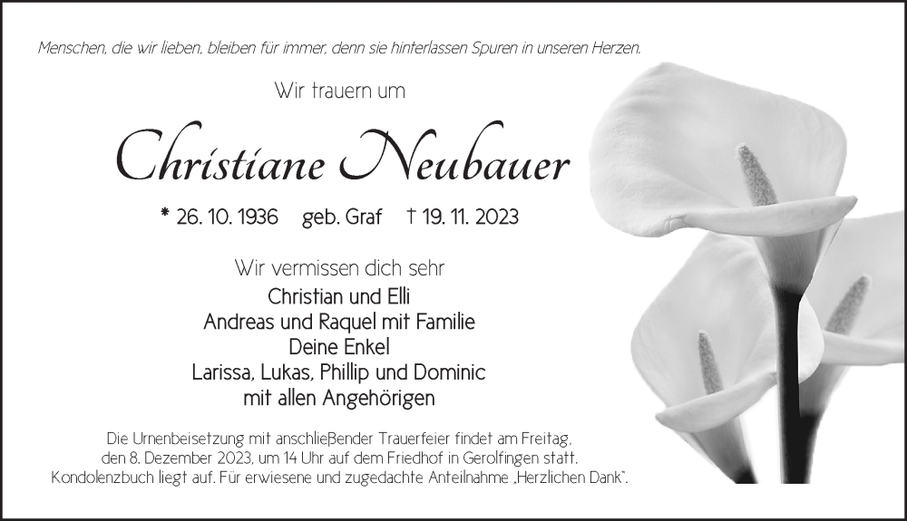  Traueranzeige für Christiane Neubauer vom 06.12.2023 aus Dinkelsbühl/ Feuchtwangen