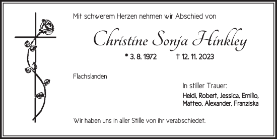 Traueranzeige von Christine Sonja Hinkley von Ansbach