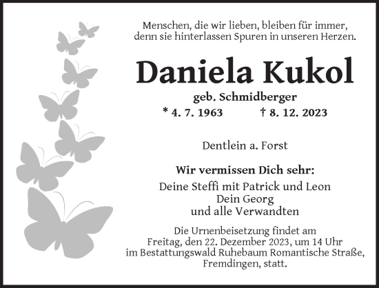 Traueranzeige von Daniela Kukol von Dinkelsbühl/ Feuchtwangen