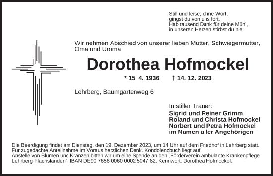 Traueranzeige von Dorothea Hofmockel von Ansbach